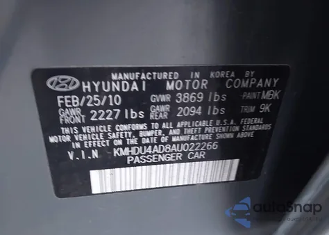 2010 Hyundai Elantra Gls z USA, uszkodzony, nr VIN KMHDU4AD8AU022266